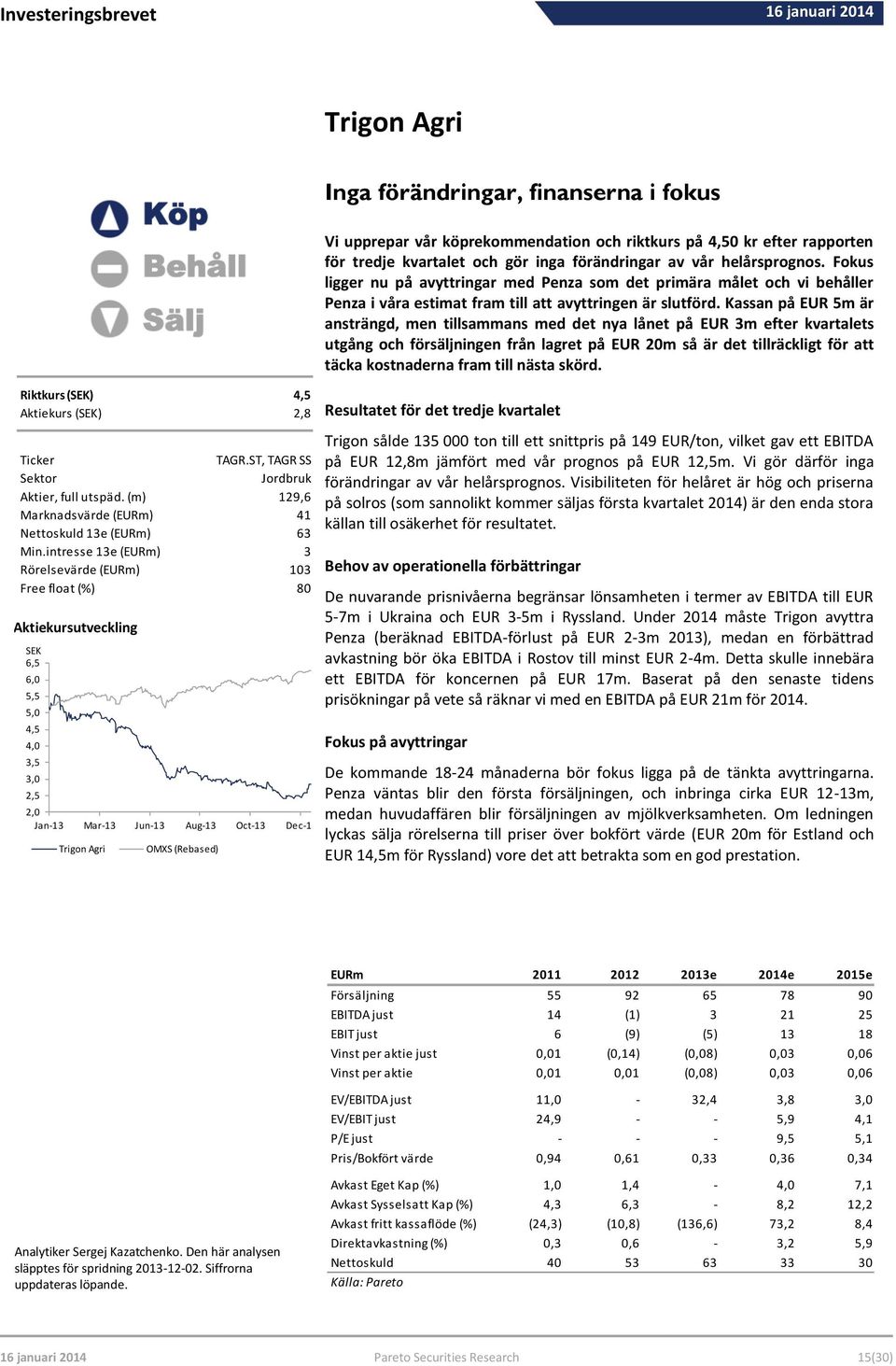 intresse 13e (EURm) 3 Rörelsevärde (EURm) 103 Free float (%) 80 Aktiekursutveckling SEK 6,5 6,0 5,5 5,0 4,5 4,0 3,5 3,0 2,5 2,0 Jan-13 Mar-13 Jun-13 Aug-13 Oct-13 Dec-13 Trigon Agri OMXS (Rebased) Vi