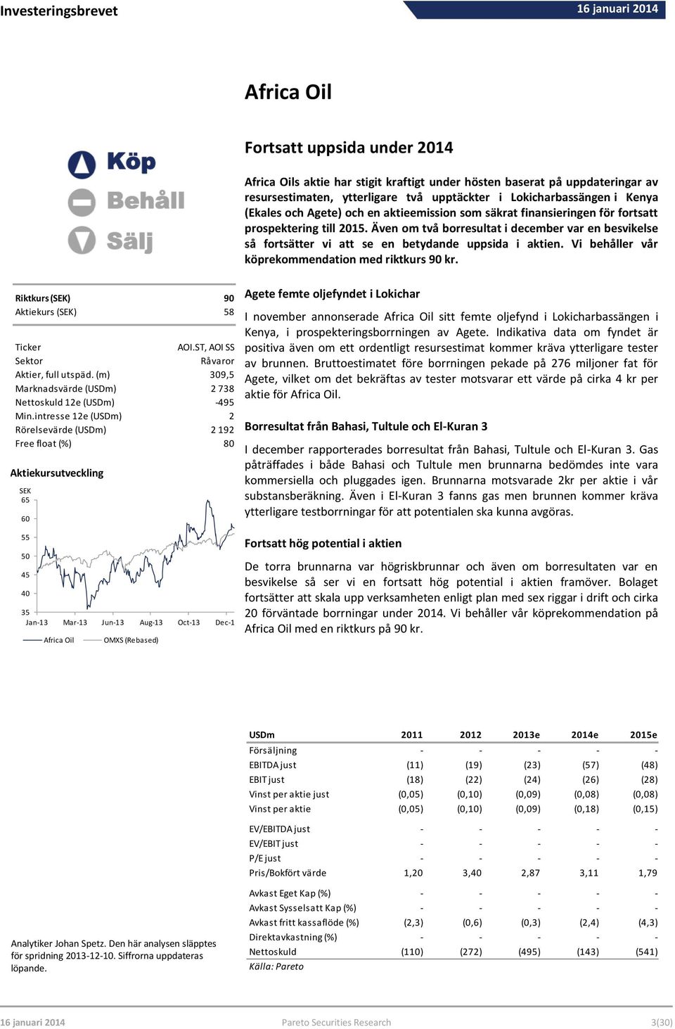 och en aktieemission som säkrat finansieringen för fortsatt prospektering till 2015. Även om två borresultat i december var en besvikelse så fortsätter vi att se en betydande uppsida i aktien.