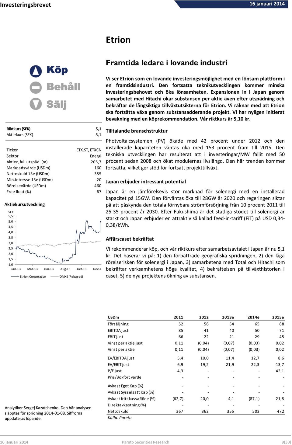 intresse 13e (USDm) -20 Rörelsevärde (USDm) 460 Free float (%) 67 Aktiekursutveckling SEK 5,5 5,0 4,5 4,0 3,5 3,0 2,5 2,0 1,5 1,0 Jan-13 Mar-13 Jun-13 Aug-13 Oct-13 Dec-13 Etrion Corporation OMXS