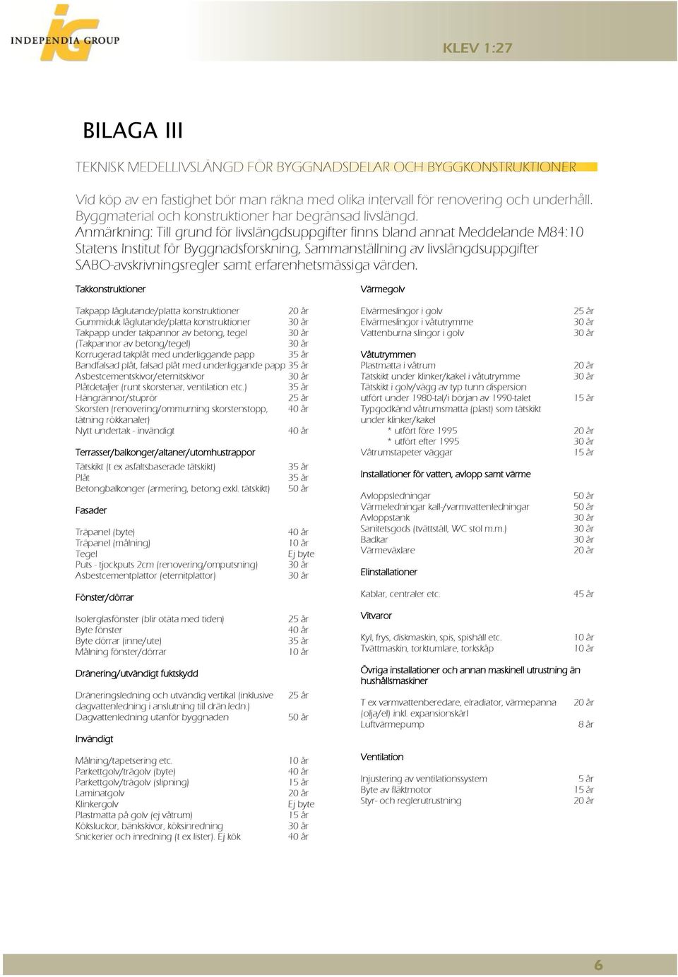 Anmärkning: Till grund för livslängdsuppgifter finns bland annat Meddelande M84:10 Statens Institut för Byggnadsforskning, Sammanställning av livslängdsuppgifter SABO-avskrivningsregler samt