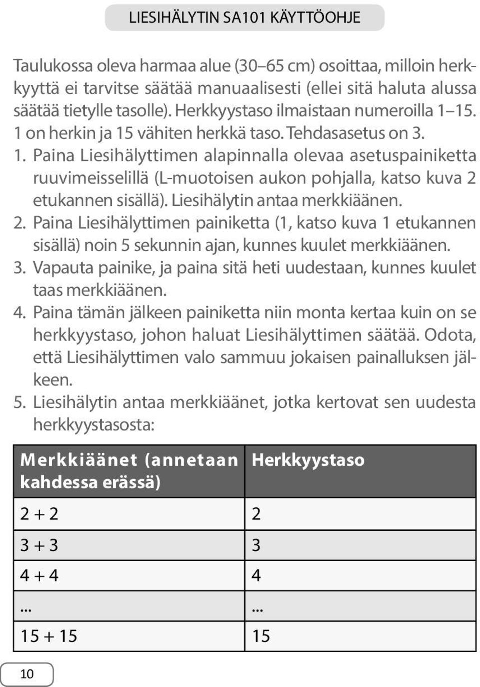 Liesihälytin antaa merkkiäänen. 2. Paina Liesihälyttimen painiketta (1, katso kuva 1 etukannen sisällä) noin 5 sekunnin ajan, kunnes kuulet merkkiäänen. 3.