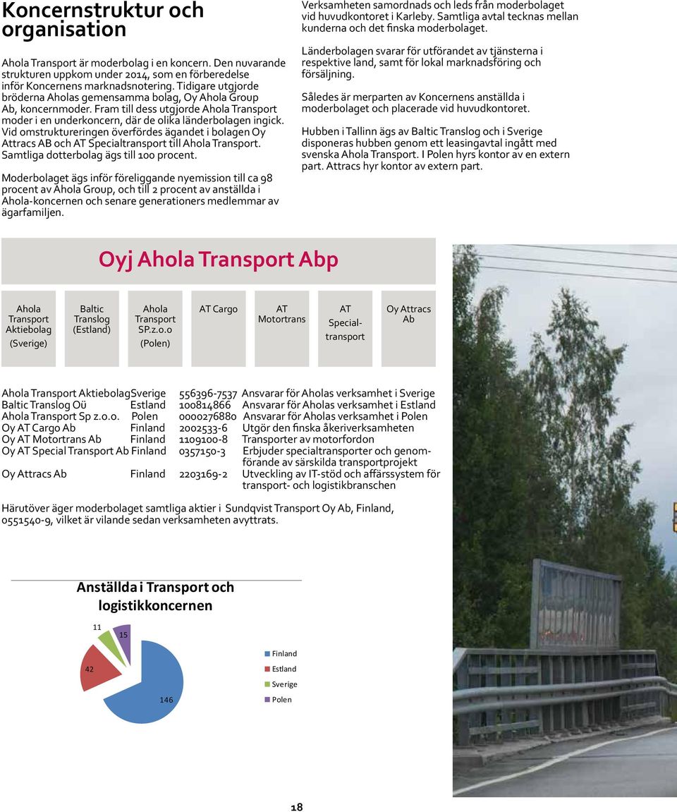 Vid omstruktureringen överfördes ägandet i bolagen Oy Attracs AB och AT Specialtransport till Ahola Transport. Samtliga dotterbolag ägs till 100 procent.