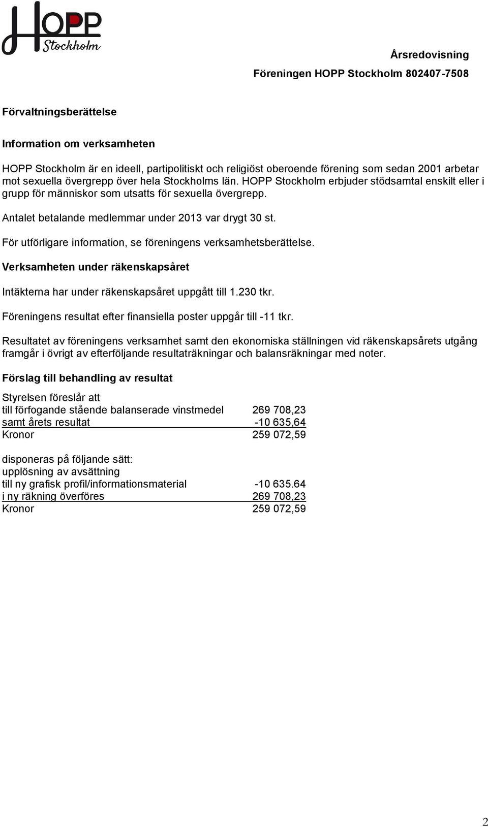 För utförligare information, se föreningens verksamhetsberättelse. Verksamheten under räkenskapsåret Intäkterna har under räkenskapsåret uppgått till 1.230 tkr.