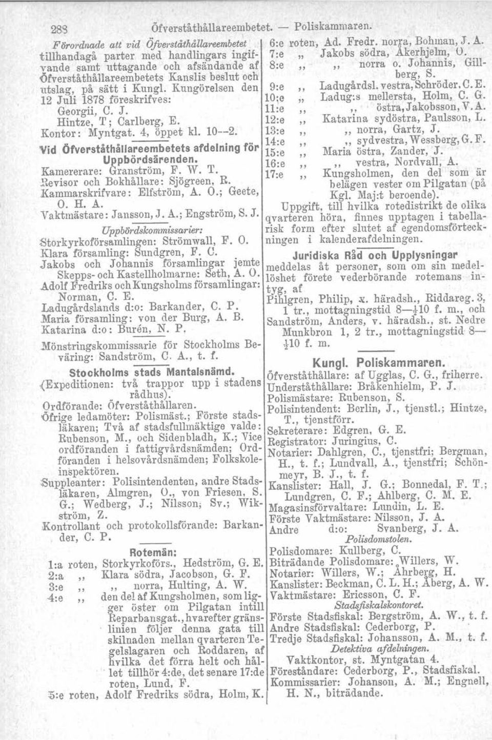 12 Juli 1878 föreskrifves: 10:c " Ladug:s mellersta, Holm, C. G. Georgii, C. J. 11:e" östra, Jakobsson, V.A. Hintze, T; Carlberg. E. 12:e " Katarina sydöstra, Paulsson, L. Kontor: Myntgat.