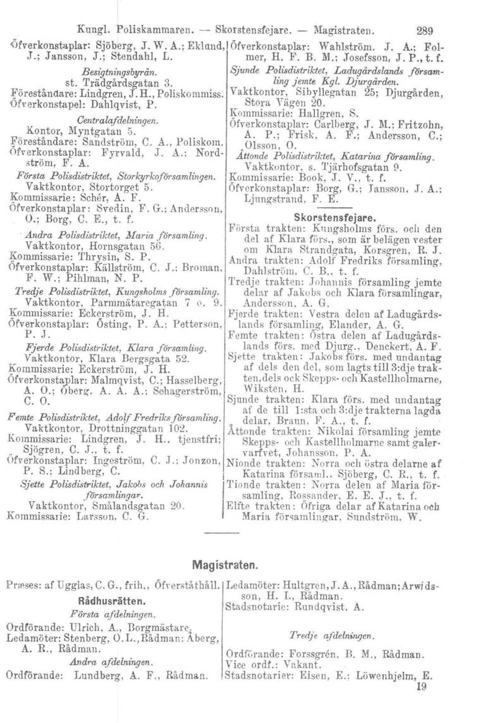 Vaktkontor, SIbyllegatan 25; Djurgården, Öfverkoristapel: Da'"hlq;ist, P. Stora Y.ägen 20.. Kommissarie: Hallgren, S. Centralafdelninqen. Ofverkonstaplar: Carlberg, J. M.; Fritzohn,.