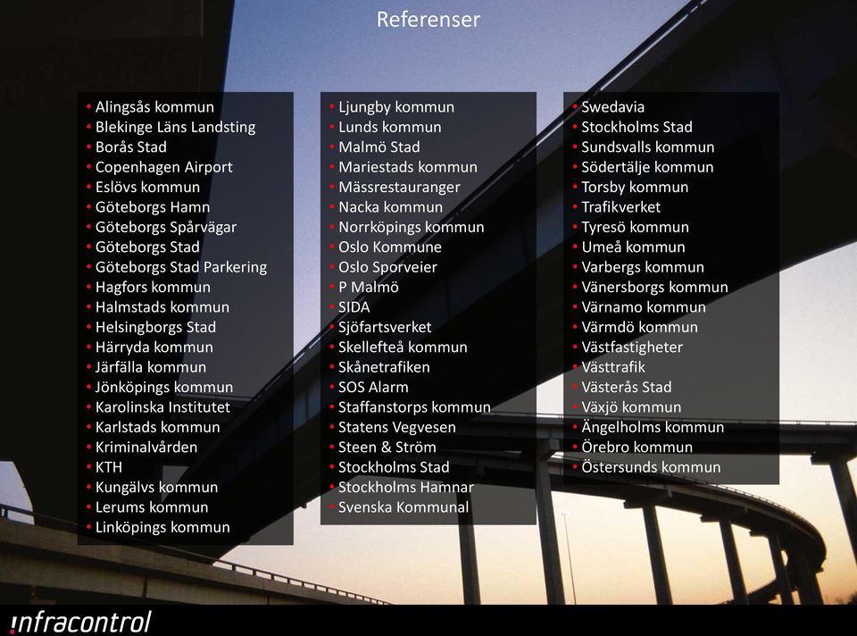 Lunds kommun Malmö Stad Mariestads kommun Mässrestauranger Nacka kommun Norrköpings kommun Oslo Kommune Oslo Sporveier P Malmö SIDA Sjöfartsverket Skellefteå kommun Skånetrafiken SOS Alarm