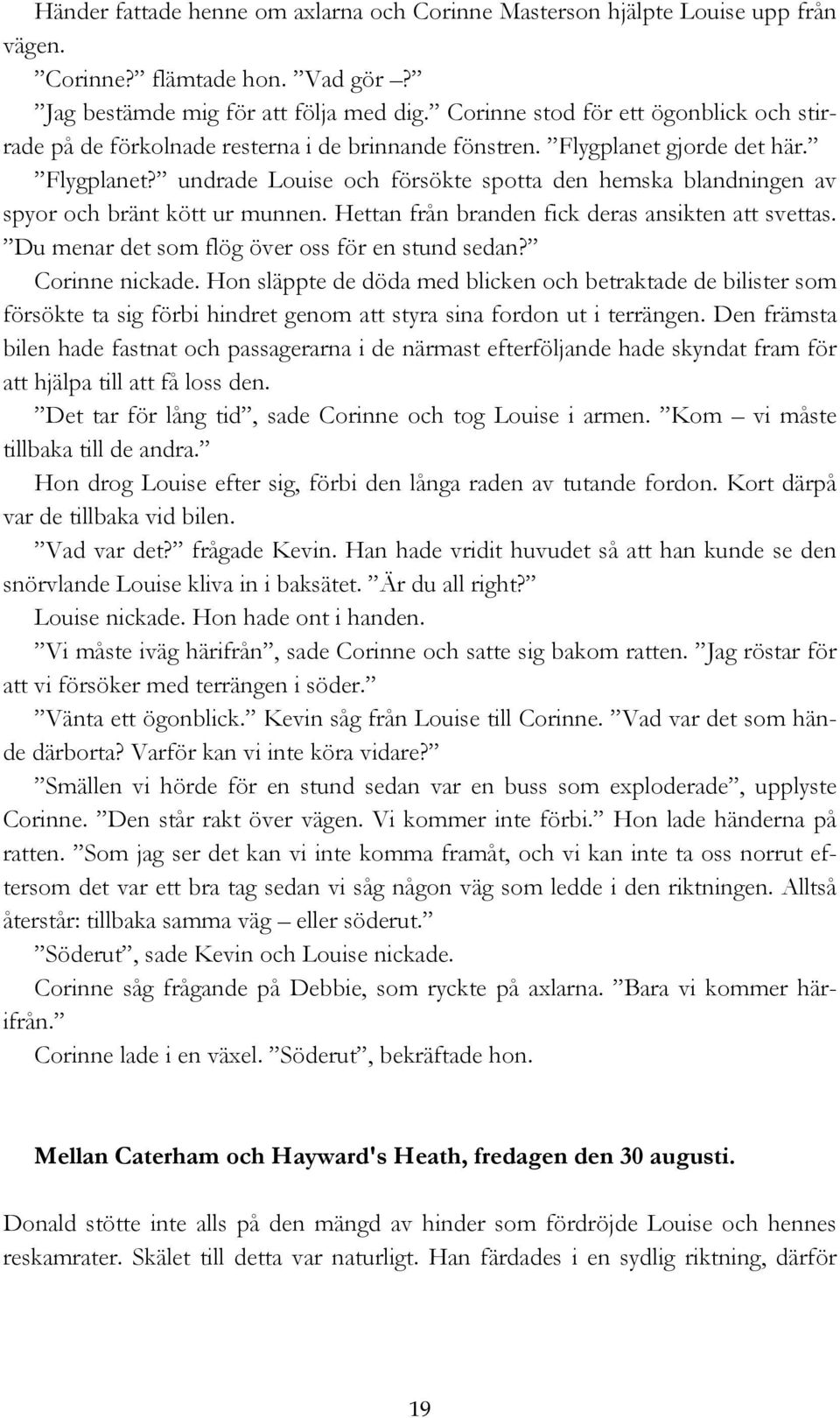 Hettan från branden fick deras ansikten att svettas. Du menar det som flög över oss för en stund sedan? Corinne nickade.