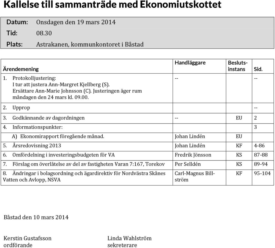 Upprop -- 3. Godkännande av dagordningen -- EU 2 4. Informationspunkter: 3 A) Ekonomirapport föregående månad. Johan Lindén EU 5. Årsredovisning 2013 Johan Lindén KF 4-86 6.