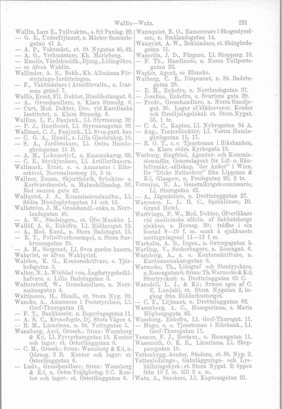 Wallis, Ernst, Fil. Doktor, Blasiiholmsgat. 6. - A., Grosshandlare, n. Klara Strandg. 6. - Curt, Med. Doktor, Doc. vid Karolinska Institutet, n. Klara Strandg. 6. Wallius, L. P., Fanjunk., L1.