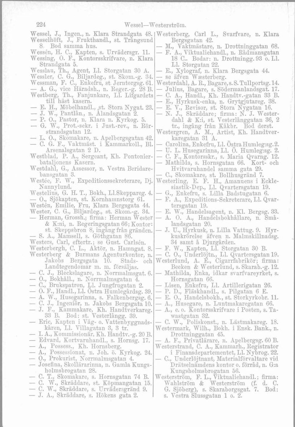 L1. Strandgata 5. L1. Storgatan 22. mresslau, Th., Agent, L1. Storgatan 30 A. - E., Xylograf, n. Klara Bergsgata 44. JJTessler, C. G., Biljardeg., st. Skom.-g. 34. - se kfven W~sterberg. Wessman, F.