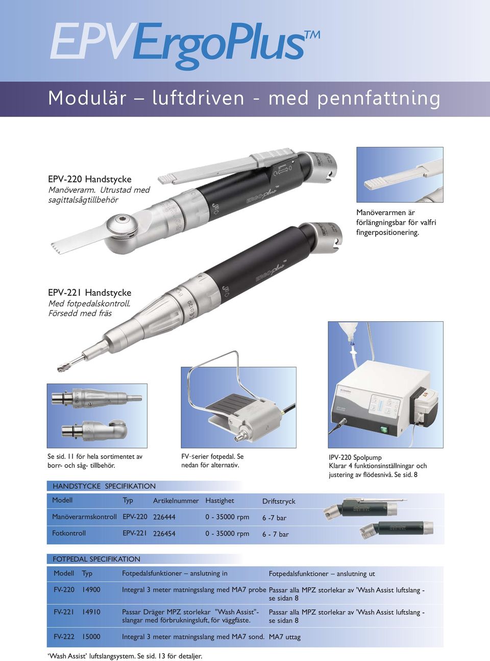 Se nedan för alternativ. Hastighet Driftstryck IPV 220 Spolpump Klarar 4 funktionsinställningar och justering av flödesnivå. Se sid.