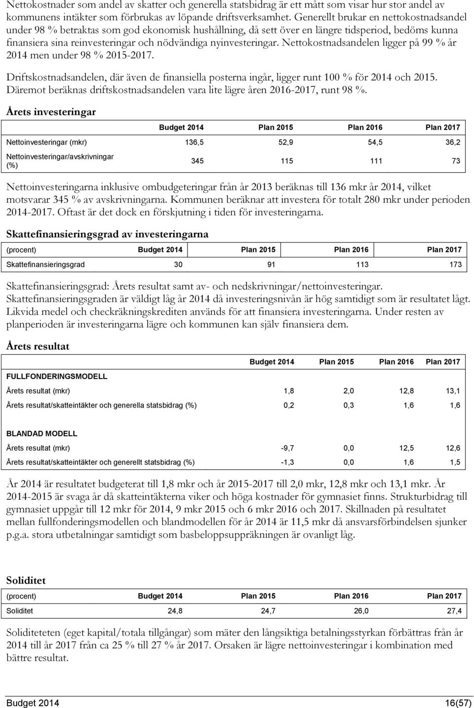 nyinvesteringar. Nettokostnadsandelen ligger på 99 % år 2014 men under 98 % 2015-2017. Driftskostnadsandelen, där även de finansiella posterna ingår, ligger runt 100 % för 2014 och 2015.