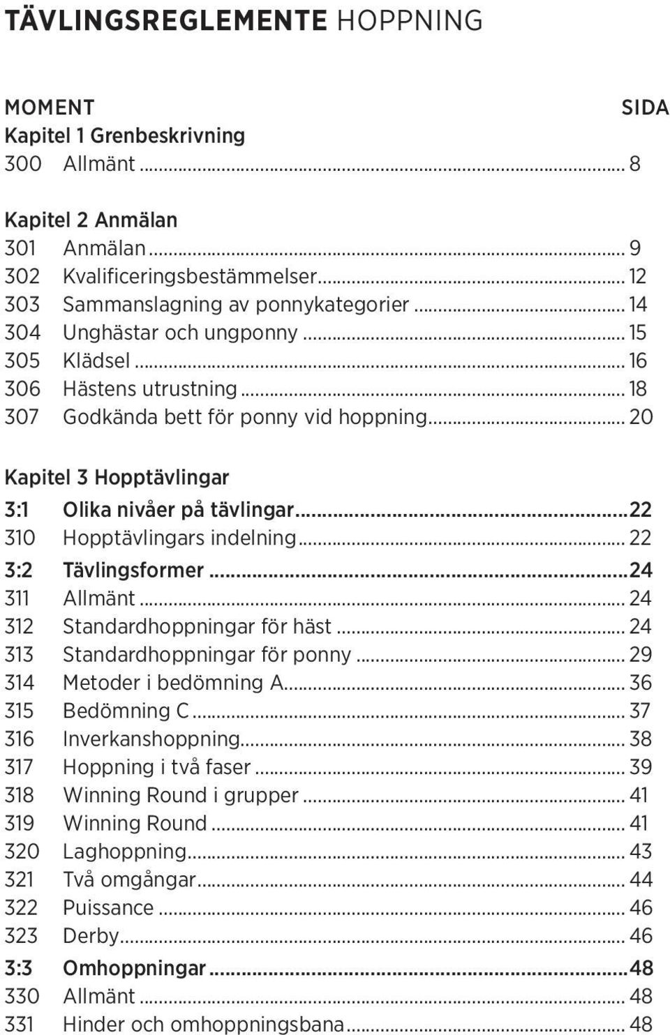 ..22 310 Hopptävlingars indelning... 22 3:2 Tävlingsformer...24 311 Allmänt... 24 312 Standardhoppningar för häst... 24 313 Standardhoppningar för ponny... 29 314 Metoder i bedömning A.