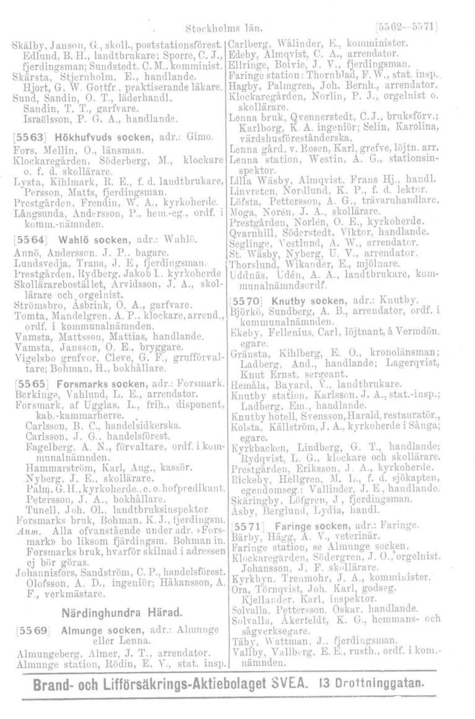 , praktiserande läkare. Hagby, Palmgren, Joh. Bemh., arrendator. Sund, Sandin, O. T., läderhandl. Klockaregården, Norlin, P. J., orgelnist o. Sandin. T. T., garfvare. skollärare. Israälsson, P. G. A.