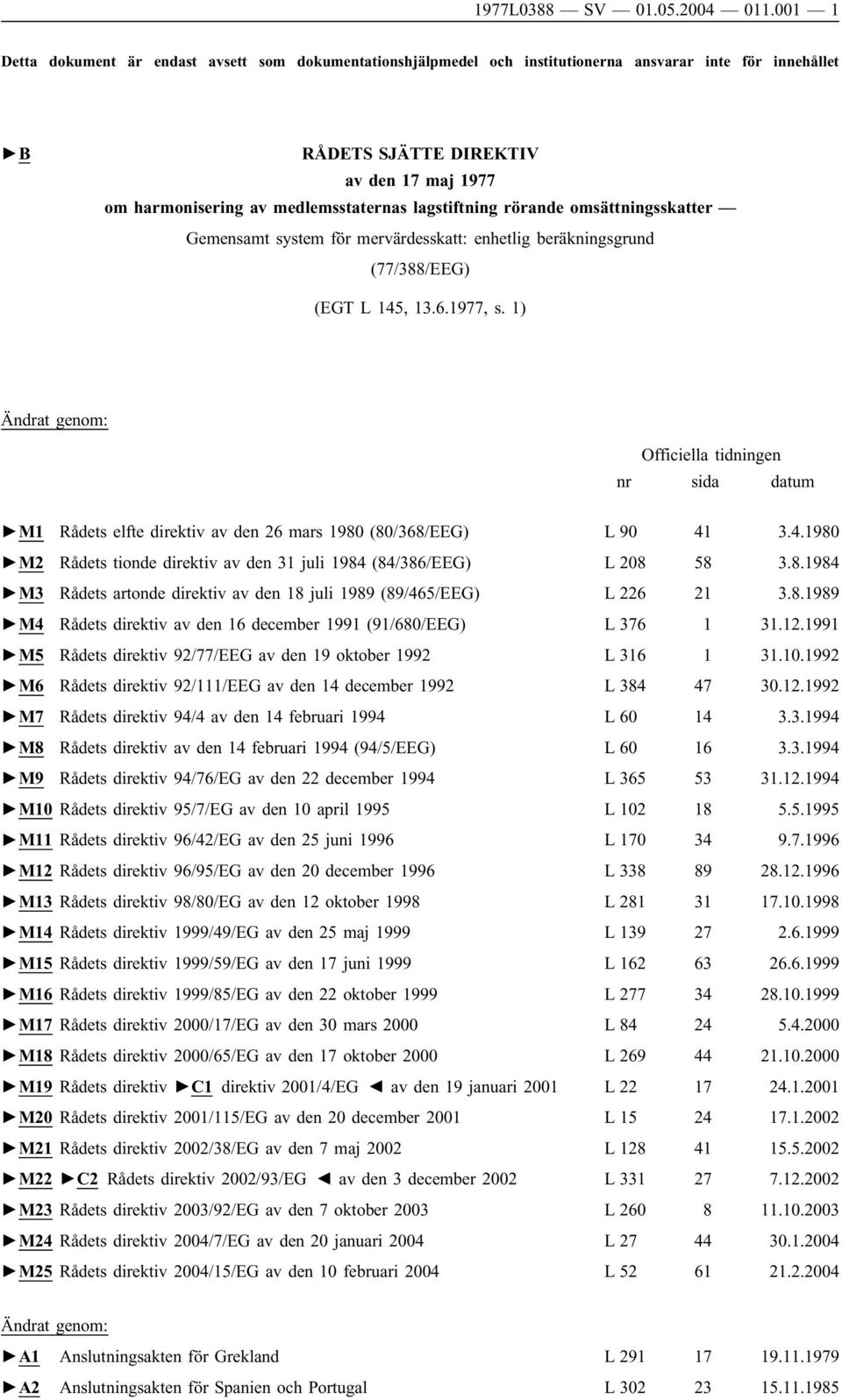 lagstiftning rörande omsättningsskatter Gemensamt system för mervärdesskatt: enhetlig beräkningsgrund (77/388/EEG) (EGT L 145, 13.6.1977, s.