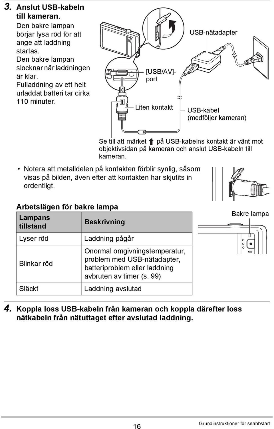 [USB/AV]- port Liten kontakt USB-nätadapter USB-kabel (medföljer kameran) Se till att märket på USB-kabelns kontakt är vänt mot objektivsidan på kameran och anslut USB-kabeln till kameran.