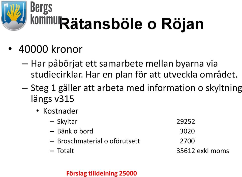 Steg 1 gäller att arbeta med information o skyltning längs v315 Kostnader