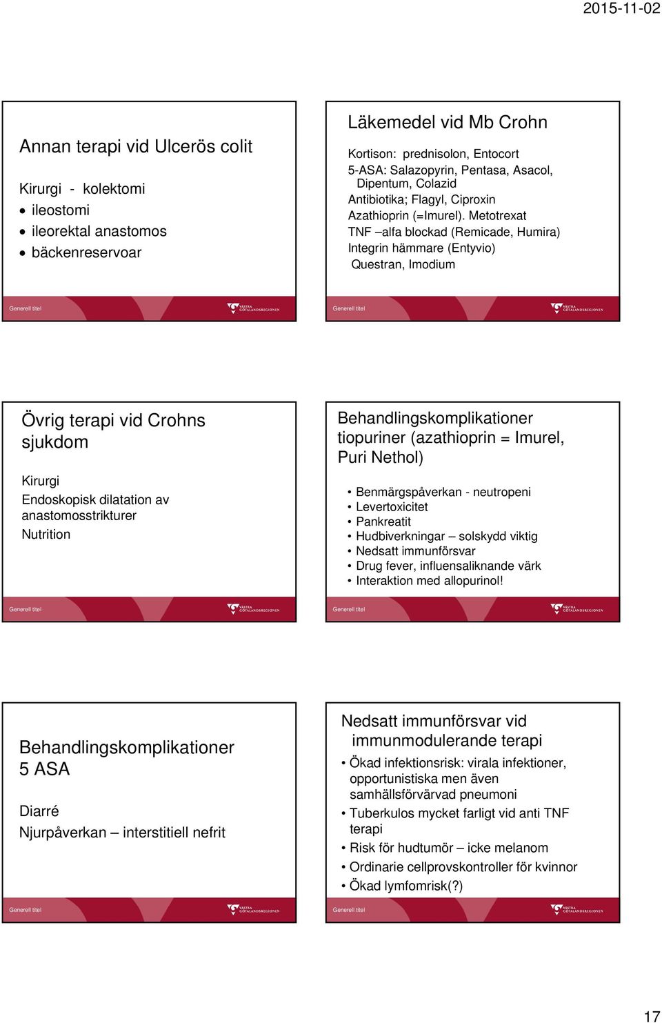 Metotrexat TNF alfa blockad (Remicade, Humira) Integrin hämmare (Entyvio) Questran, Imodium Övrig terapi vid Crohns sjukdom Kirurgi Endoskopisk dilatation av anastomosstrikturer Nutrition