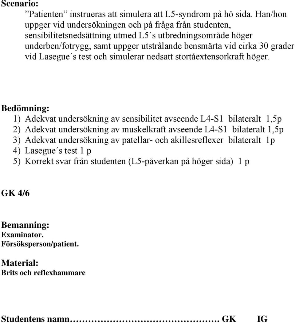 grader vid Lasegue s test och simulerar nedsatt stortåextensorkraft höger.