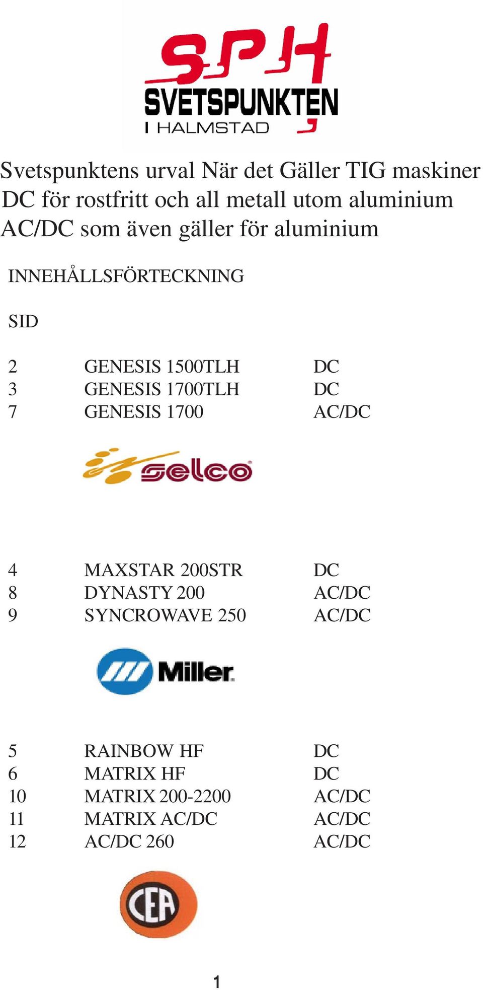 1700TLH DC 7 GENESIS 1700 AC/DC 4 MAXSTAR 200STR DC 8 DYNASTY 200 AC/DC 9 SYNCROWAVE 250 AC/DC