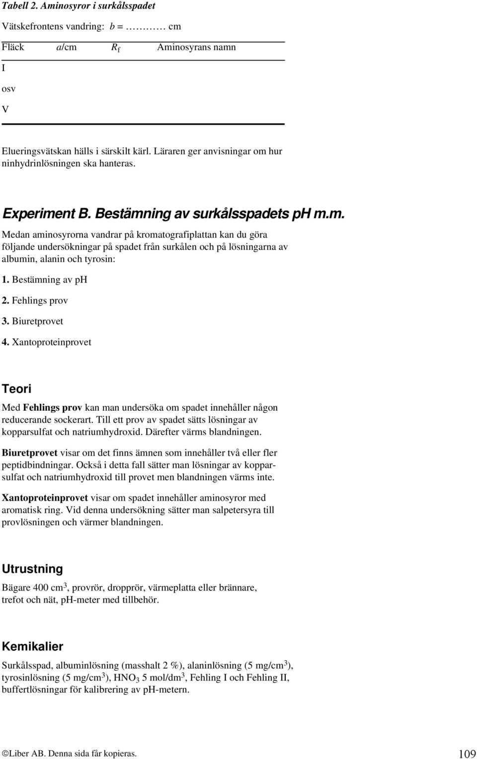 Bestämning av ph 2. Fehlings prov 3. Biuretprovet 4. Xantoproteinprovet Teori Med Fehlings prov kan man undersöka om spadet innehåller någon reducerande sockerart.