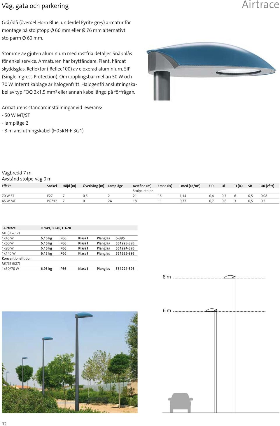 SIP (Single Ingress Protection). Omkopplingsbar mellan 50 W och 70 W. Internt kablage är halogenfritt. Halogenfri anslutningskabel av typ FQQ 3x1,5 mm² eller annan kabellängd på förfrågan.