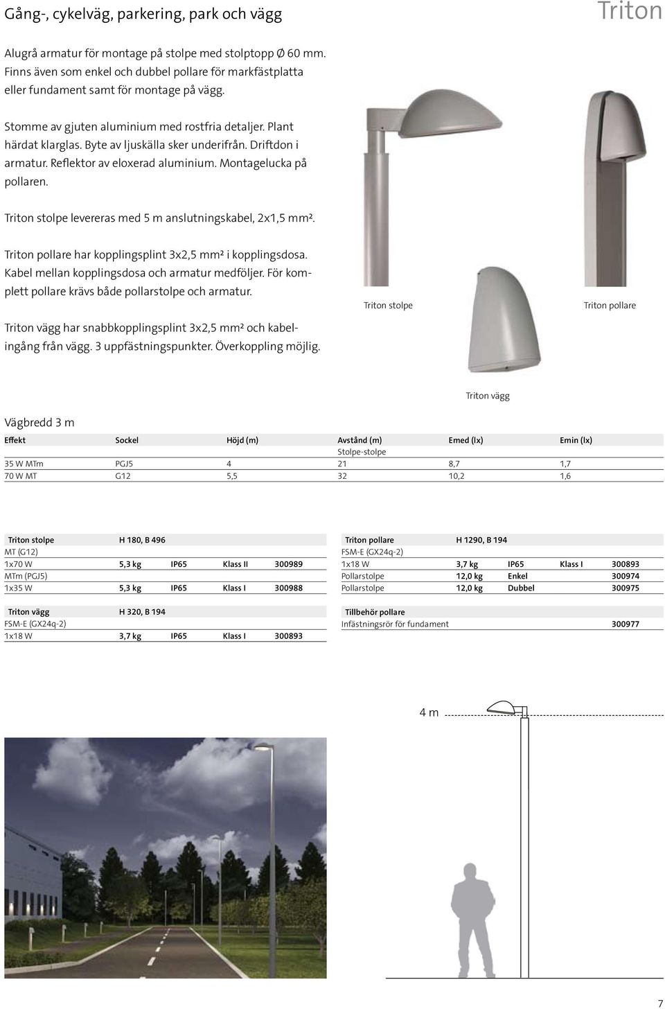 Byte av ljuskälla sker underifrån. Driftdon i armatur. Reflektor av eloxerad aluminium. Montagelucka på pollaren. Triton stolpe levereras med 5 m anslutningskabel, 2x1,5 mm².