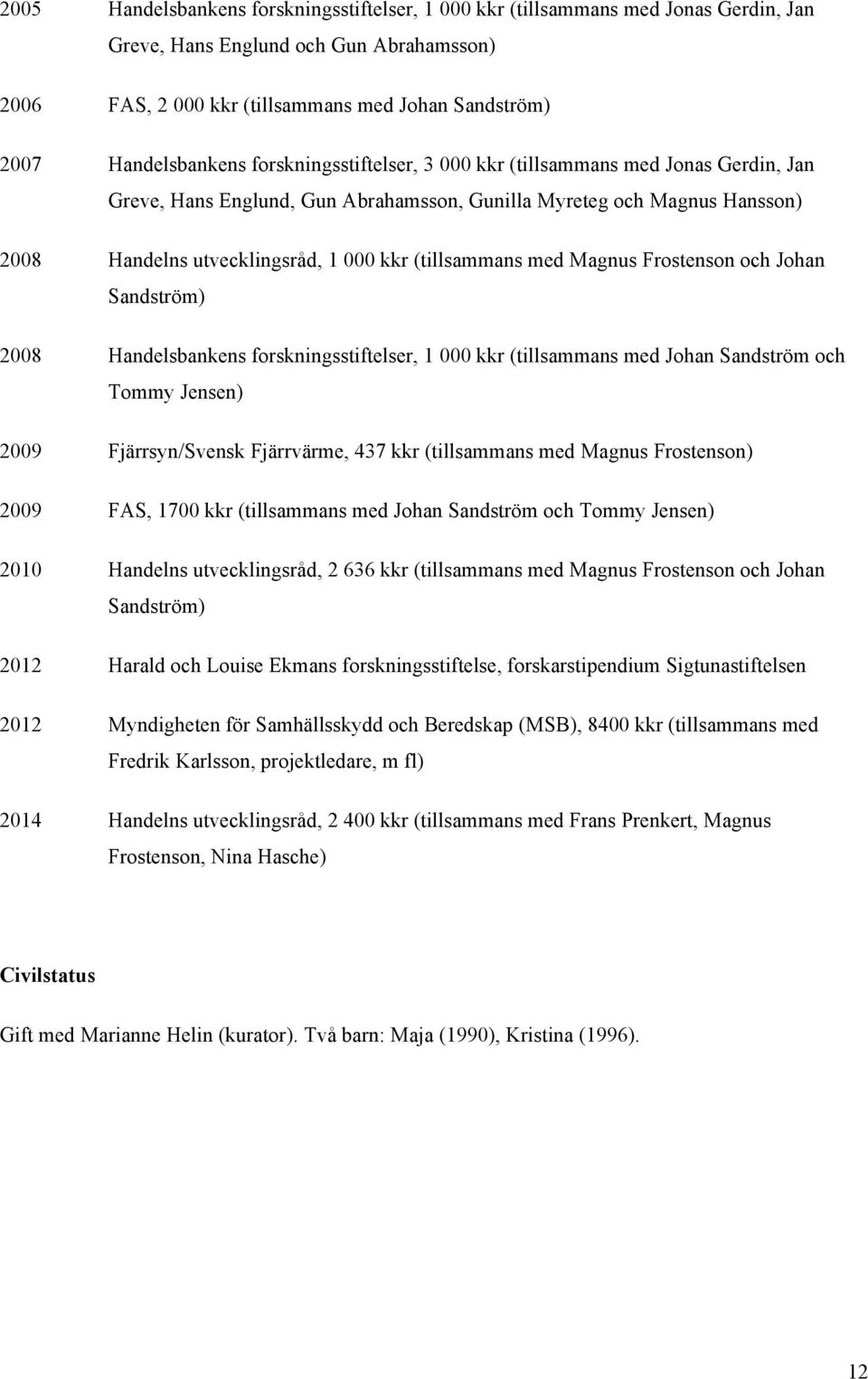 (tillsammans med Magnus Frostenson och Johan Sandström) 2008 Handelsbankens forskningsstiftelser, 1 000 kkr (tillsammans med Johan Sandström och Tommy Jensen) 2009 Fjärrsyn/Svensk Fjärrvärme, 437 kkr