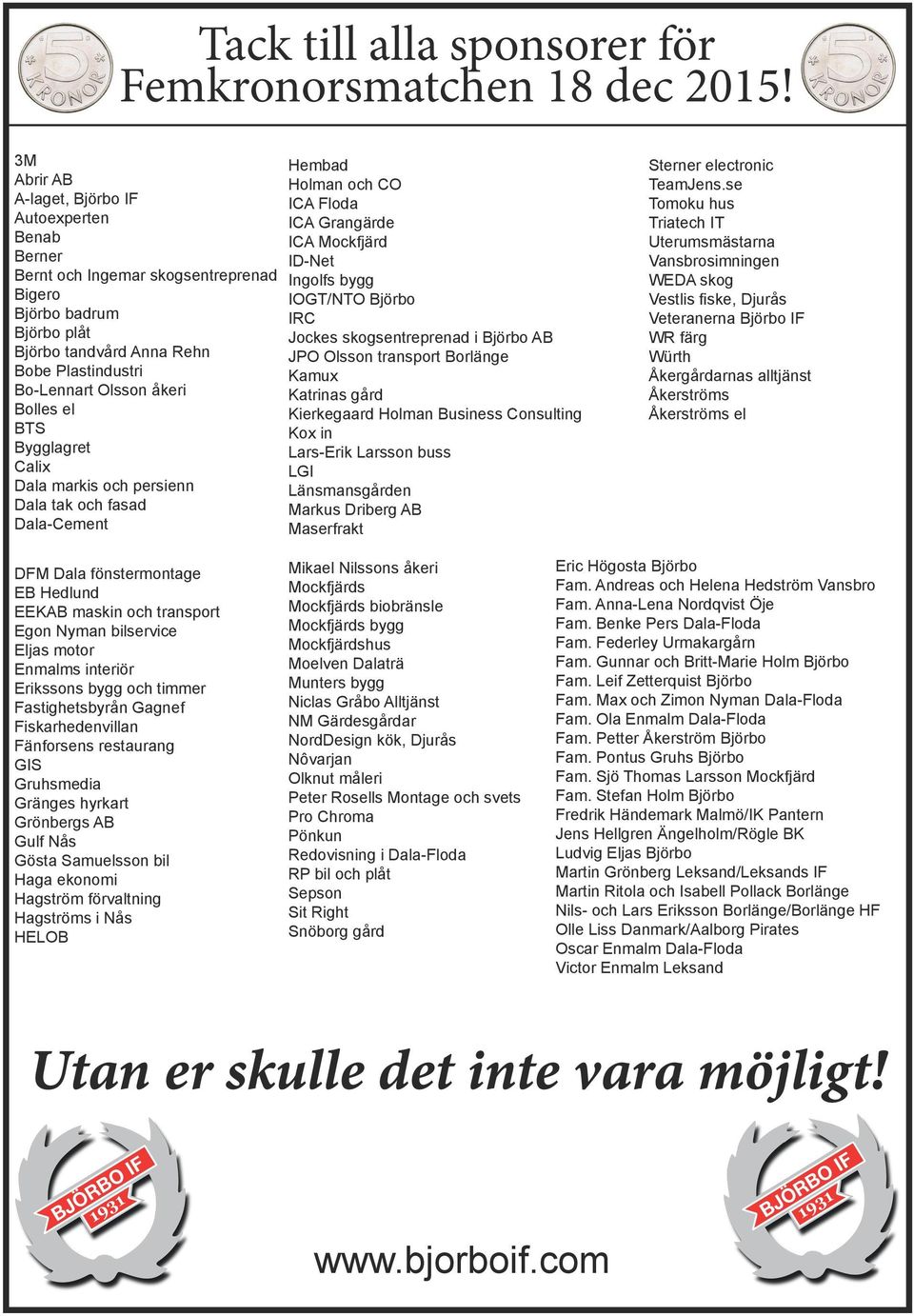 Bolles el BTS Bygglagret Calix Dala markis och persienn Dala tak och fasad Dala-Cement Hembad Holman och CO ICA Floda ICA Grangärde ICA Mockfjärd ID-Net Ingolfs bygg IOGT/NTO Björbo IRC Jockes