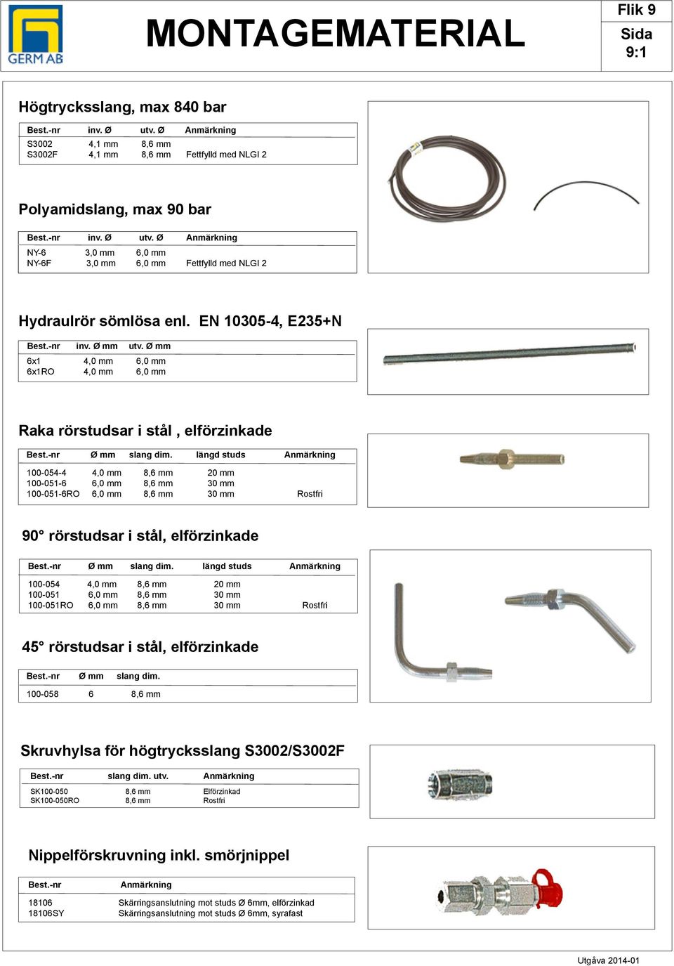 längd studs Anmärkning 100-054-4 4,0 mm 8,6 mm 20 mm 100-051-6 6,0 mm 8,6 mm 30 mm 100-051-6RO 6,0 mm 8,6 mm 30 mm Rostfri 90 rörstudsar i stål, elförzinkade Best.-nr Ø mm slang dim.