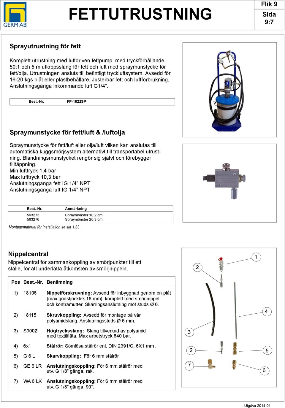 FP-1622SP Spraymunstycke för fett/luft & /luftolja Spraymunstycke för fett/luft eller olja/luft vilken kan anslutas till automatiska kuggsmörjsystem alternativt till transportabel utrustning.