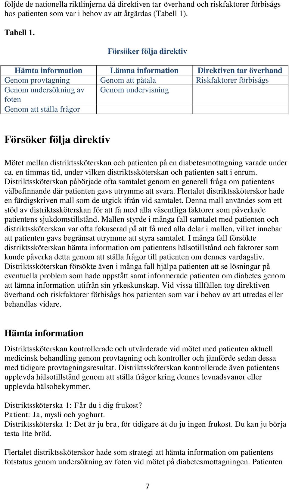 ställa frågor Försöker följa direktiv Mötet mellan distriktssköterskan och patienten på en diabetesmottagning varade under ca.