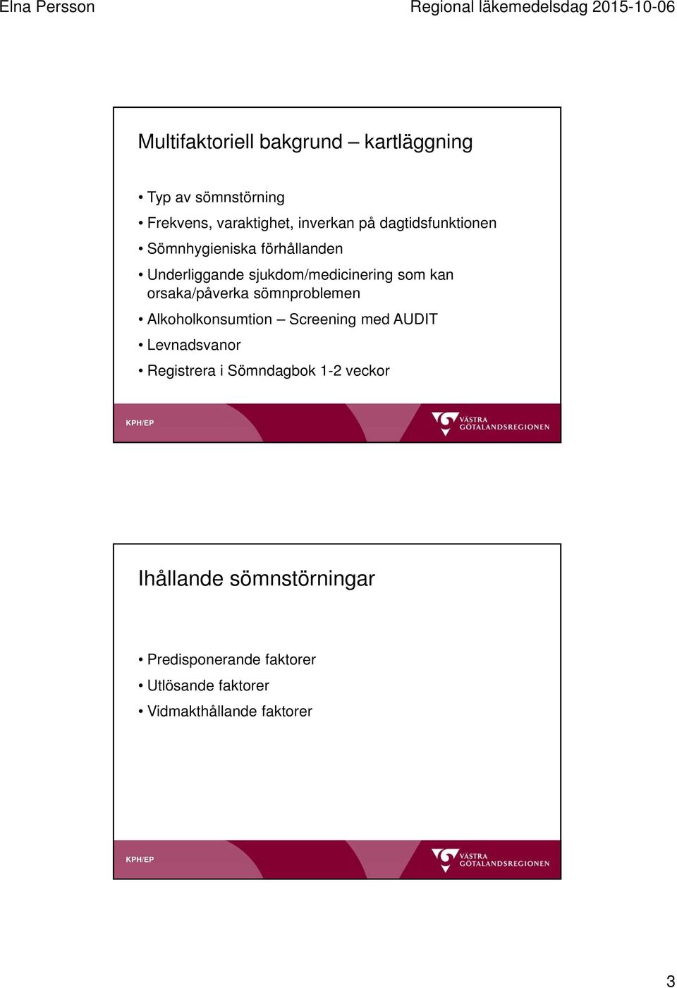 orsaka/påverka sömnproblemen Alkoholkonsumtion Screening med AUDIT Levnadsvanor Registrera i