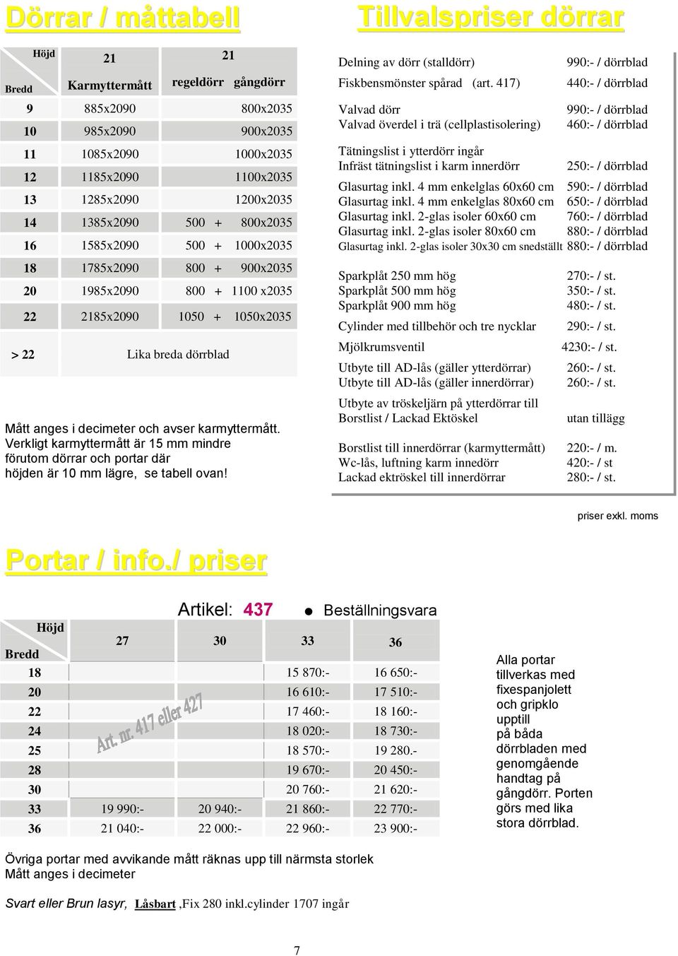 Verkligt karmyttermått är 15 mm mindre förutom dörrar och portar där höjden är 10 mm lägre, se tabell ovan! Tillvalspriser dörrar Delning av dörr (stalldörr) Fiskbensmönster spårad (art.