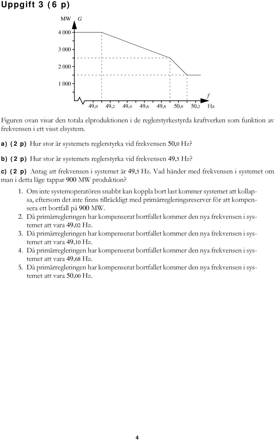 c) (2 p) Antag att frekvensen i systemet är 49,5 Hz. Vad händer med frekvensen i systemet om man i detta läge tappar 900 MW produktion? 1.