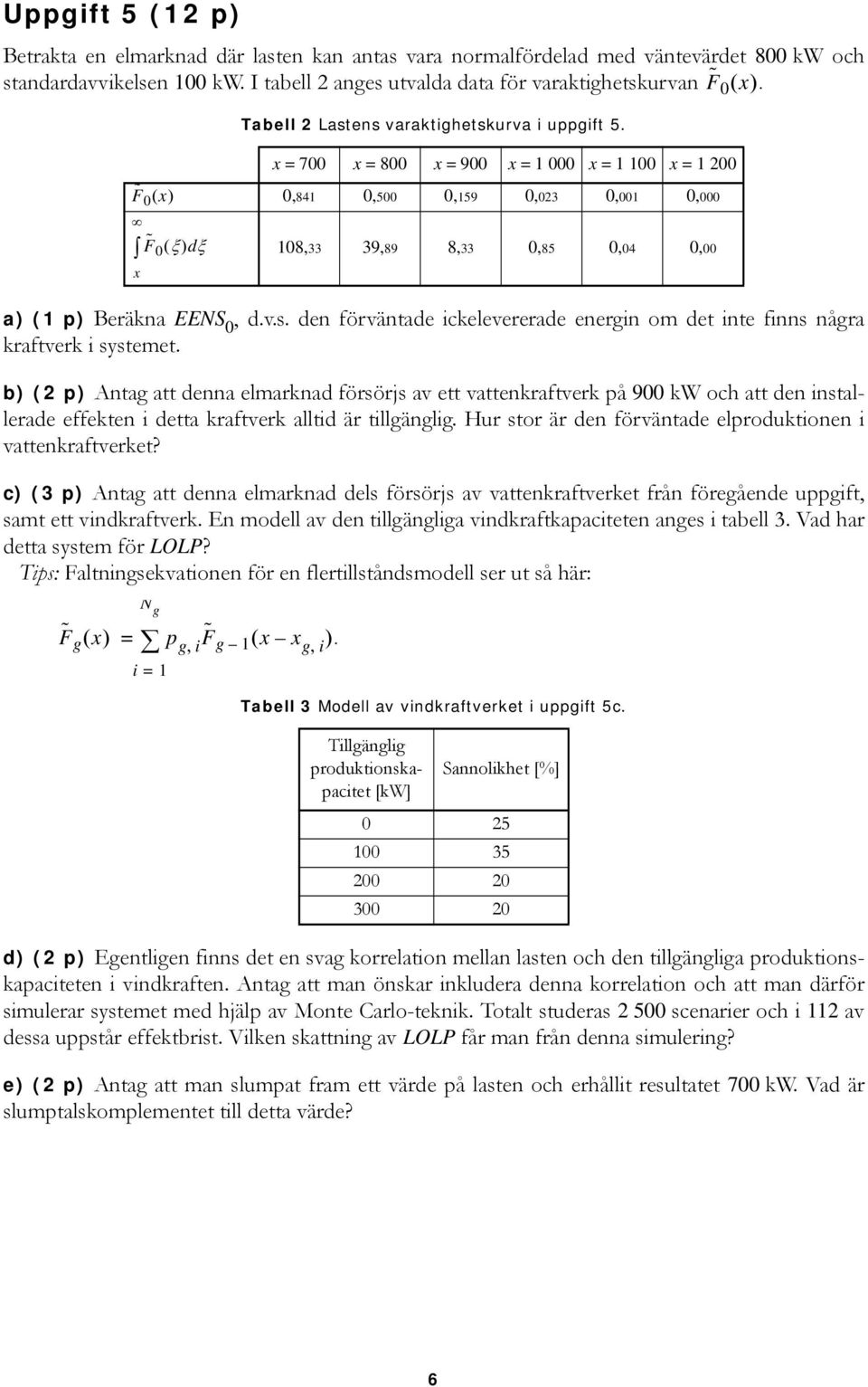 F 0( x) x F 0( ξ) dξ x = 700 x = 800 x = 900 x = 1 000 x = 1 100 x = 1 200 0,841 0,500 0,159 0,023 0,001 0,000 108,33 39,89 8,33 0,85 0,04 0,00 a) (1 p) Beräkna EENS 0, d.v.s.