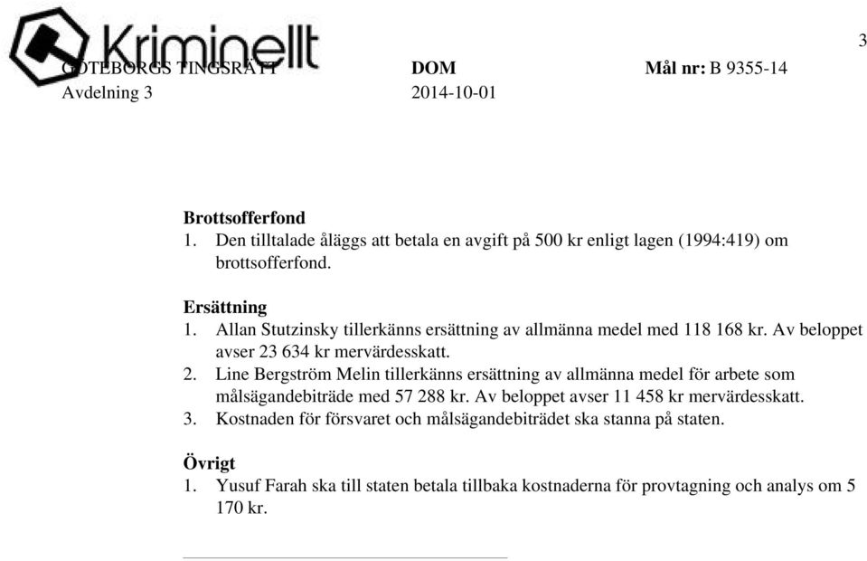 634 kr mervärdesskatt. 2. Line Bergström Melin tillerkänns ersättning av allmänna medel för arbete som målsägandebiträde med 57 288 kr.