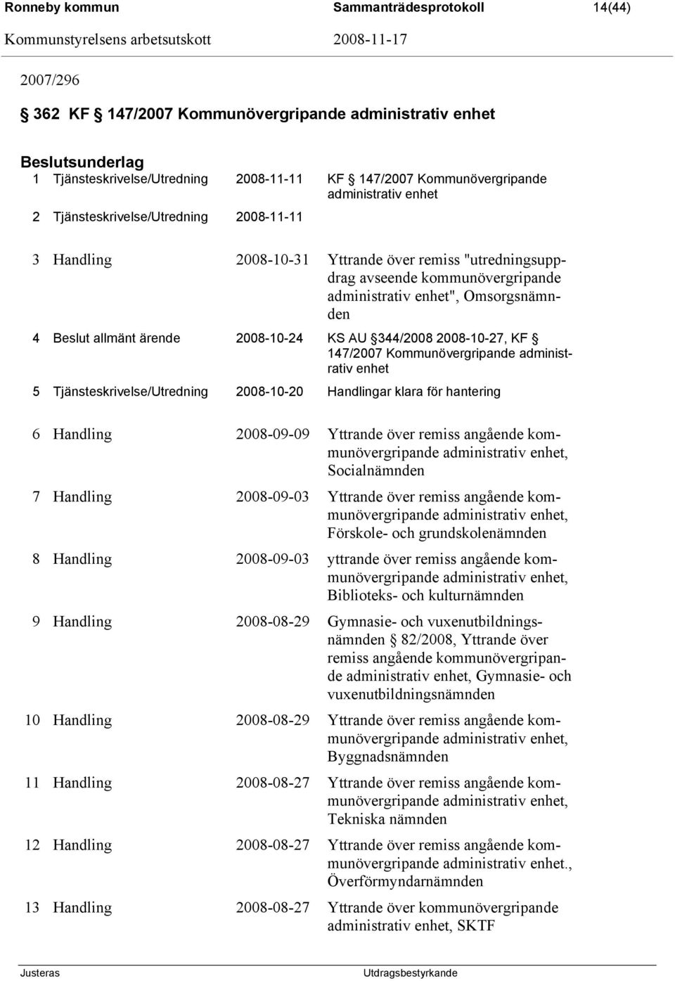 allmänt ärende 2008-10-24 KS AU 344/2008 2008-10-27, KF 147/2007 Kommunövergripande administrativ enhet 5 Tjänsteskrivelse/Utredning 2008-10-20 Handlingar klara för hantering 6 Handling 2008-09-09