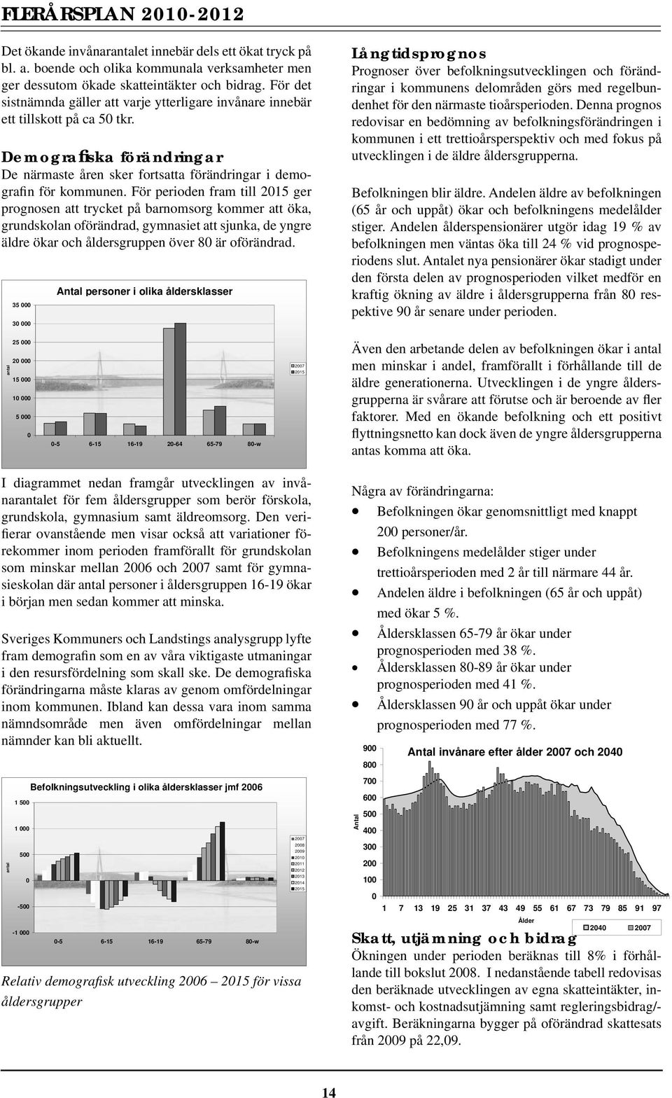 För perioden fram till 2015 ger prognosen att trycket på barnomsorg kommer att öka, grundskolan oförändrad, gymnasiet att sjunka, de yngre äldre ökar och åldersgruppen över 80 är oförändrad.