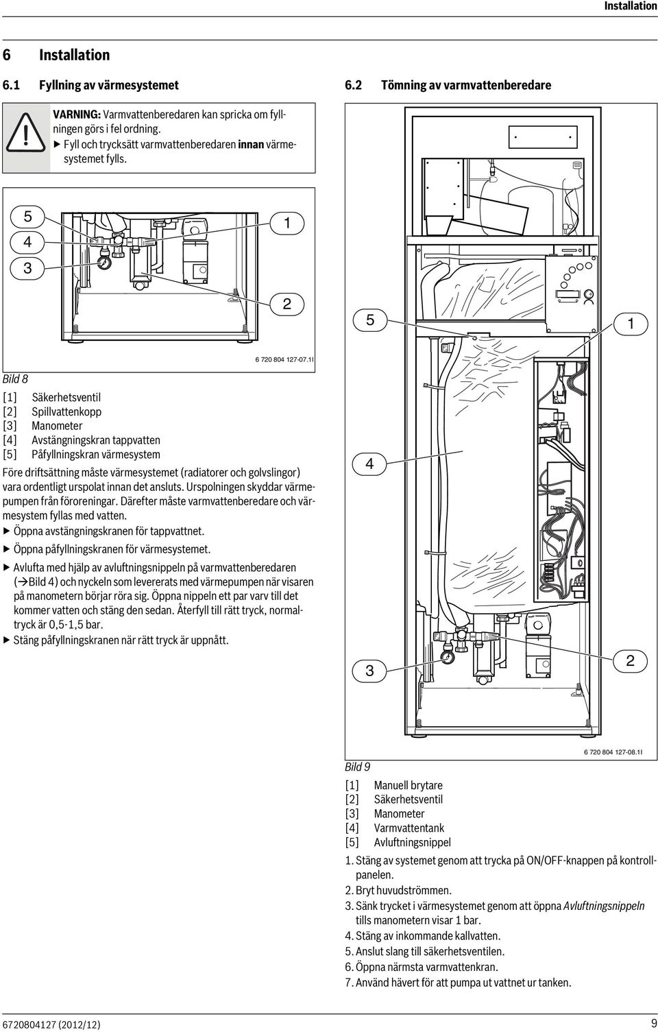 I Bild 8 [] Säkerhetsventil [] Spillvattenkopp [] Manometer [4] Avstängningskran tappvatten [5] Påfyllningskran värmesystem Före driftsättning måste värmesystemet (radiatorer och golvslingor) vara