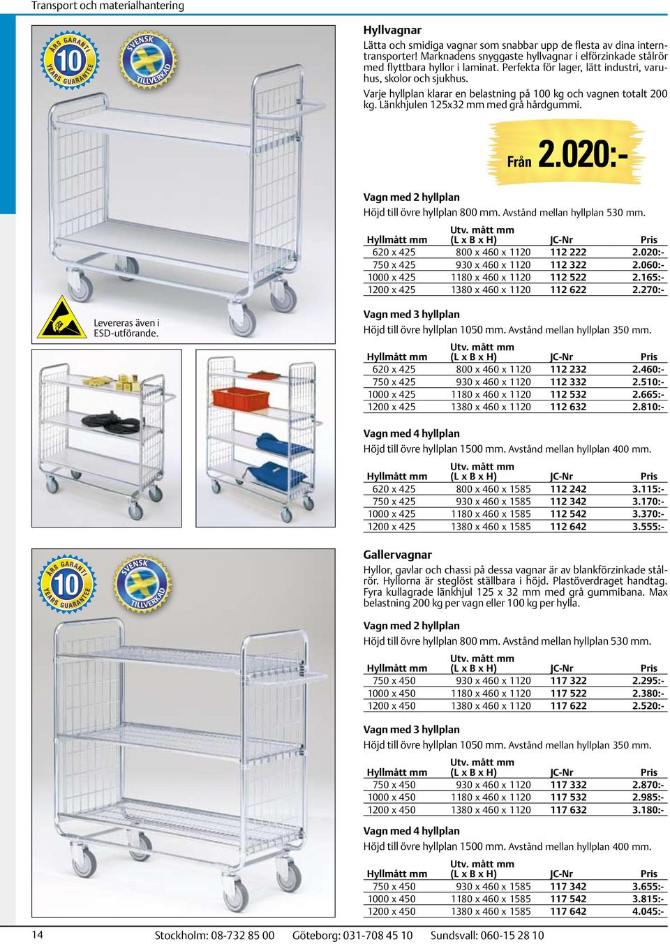 020:- Vagn med 2 hyllplan Höjd till övre hyllplan 800 mm. Avstånd mellan hyllplan 530 mm. Hyllmått mm Utv. mått mm (L x B x H) 620 x 425 800 x 460 x 1120 112 222 2.