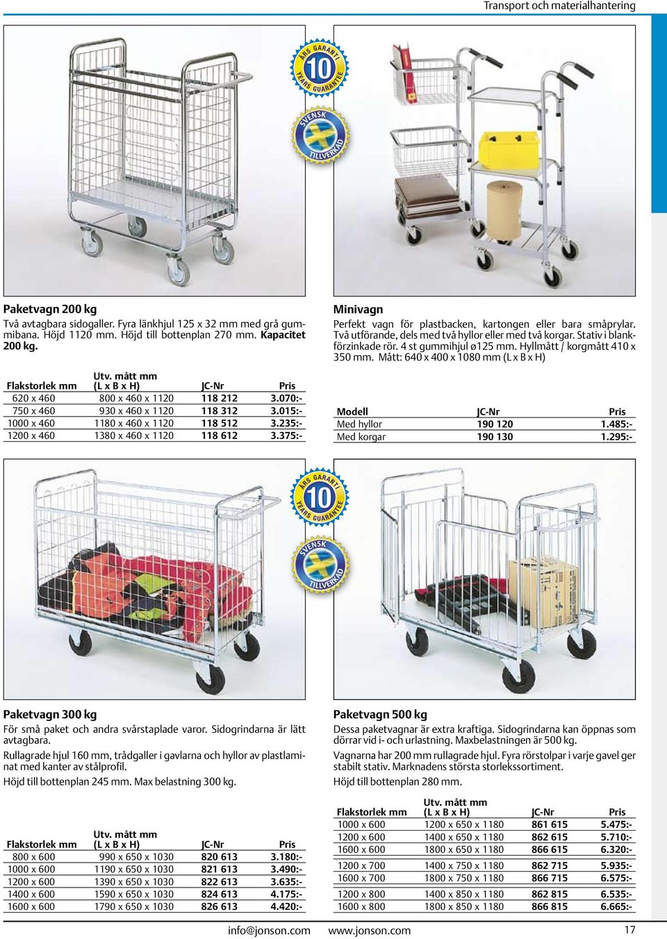 375:- Minivagn Perfekt vagn för plastbacken, kartongen eller bara småprylar. Två utförande, dels med två hyllor eller med två korgar. Stativ i blankförzinkade rör. 4 st gummihjul ø125 mm.