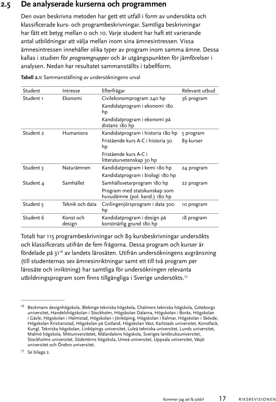 Vissa ämnesintressen innehåller olika typer av program inom samma ämne. Dessa kallas i studien för programgrupper och är utgångspunkten för jämförelser i analysen.