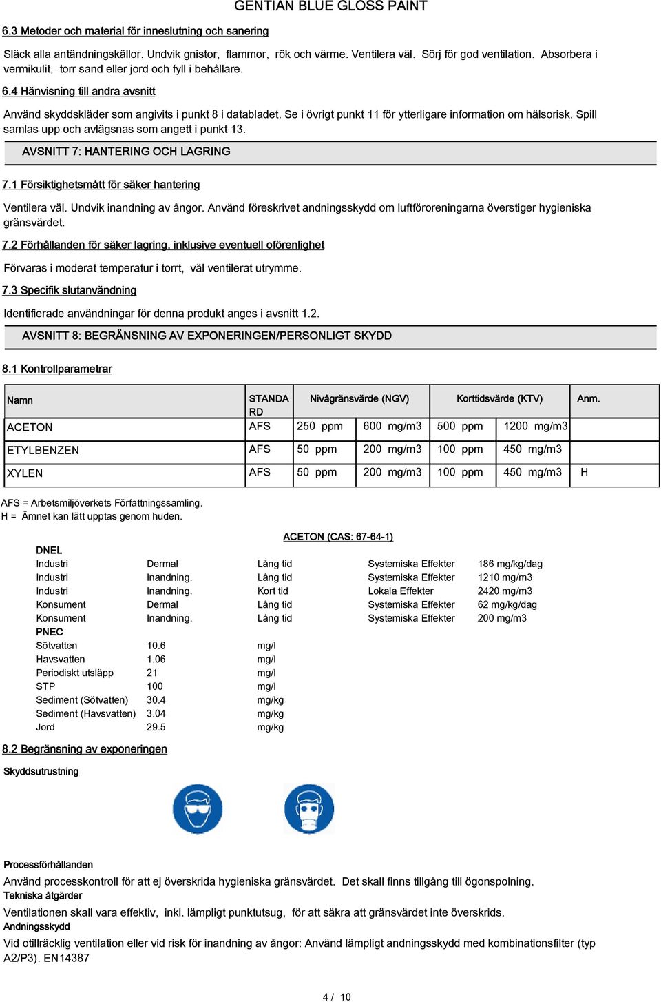 Se i övrigt punkt 11 för ytterligare information om hälsorisk. Spill samlas upp och avlägsnas som angett i punkt 13. AVSNITT 7: HANTERING OCH LAGRING 7.