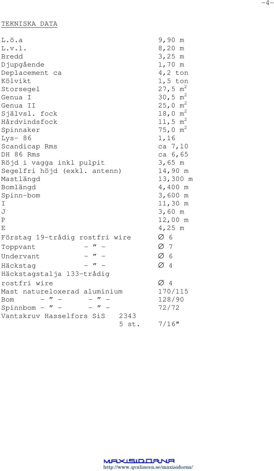 fock 18,0 m 2 Hårdvindsfock 11,5 m 2 Spinnaker 75,0 m 2 Lys- 86 1,16 Scandicap Rms ca 7,l0 DH 86 Rms ca 6,65 Röjd i vagga inkl pulpit 3,65 m Segelfri höjd (exkl.