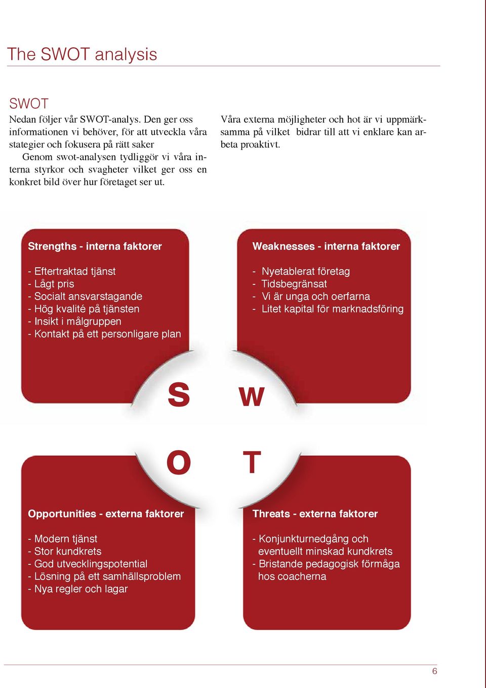 över hur företaget ser ut. Våra externa möjligheter och hot är vi uppmärksamma på vilket bidrar till att vi enklare kan arbeta proaktivt.