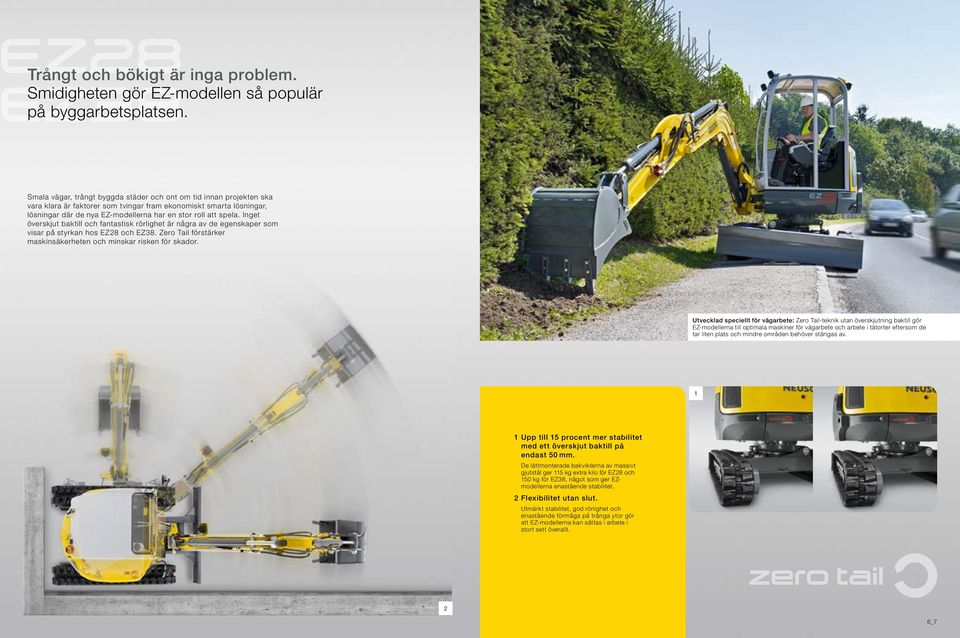 Inget överskjut baktill och fantastisk rörlighet är några av de egenskaper som visar på styrkan hos EZ28 och EZ38. Zero Tail förstärker maskinsäkerheten och minskar risken för skador.