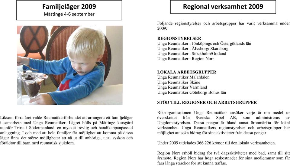 Unga Reumatiker Götebrg/ Bhus län STÖD TILL REGIONER OCH ARBETSGRUPPER Liksm förra året valde Reumatikerförbundet att arrangera ett familjeläger i samarbete med Unga Reumatiker.