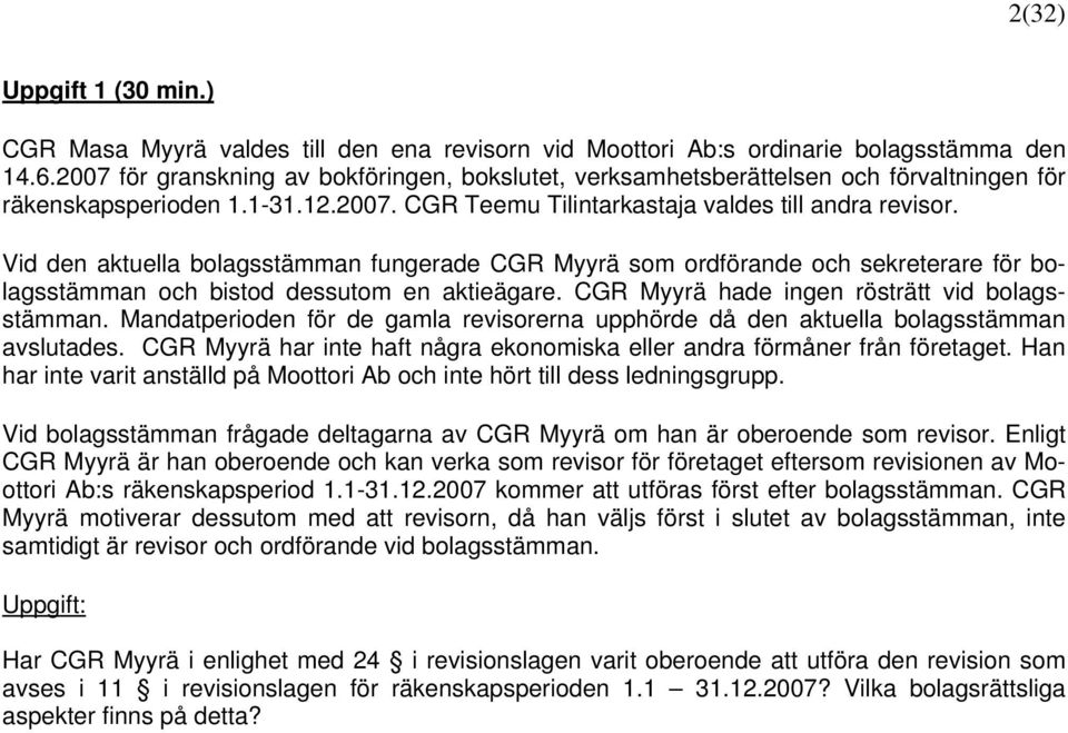 Vid den aktuella bolagsstämman fungerade CGR Myyrä som ordförande och sekreterare för bolagsstämman och bistod dessutom en aktieägare. CGR Myyrä hade ingen rösträtt vid bolagsstämman.