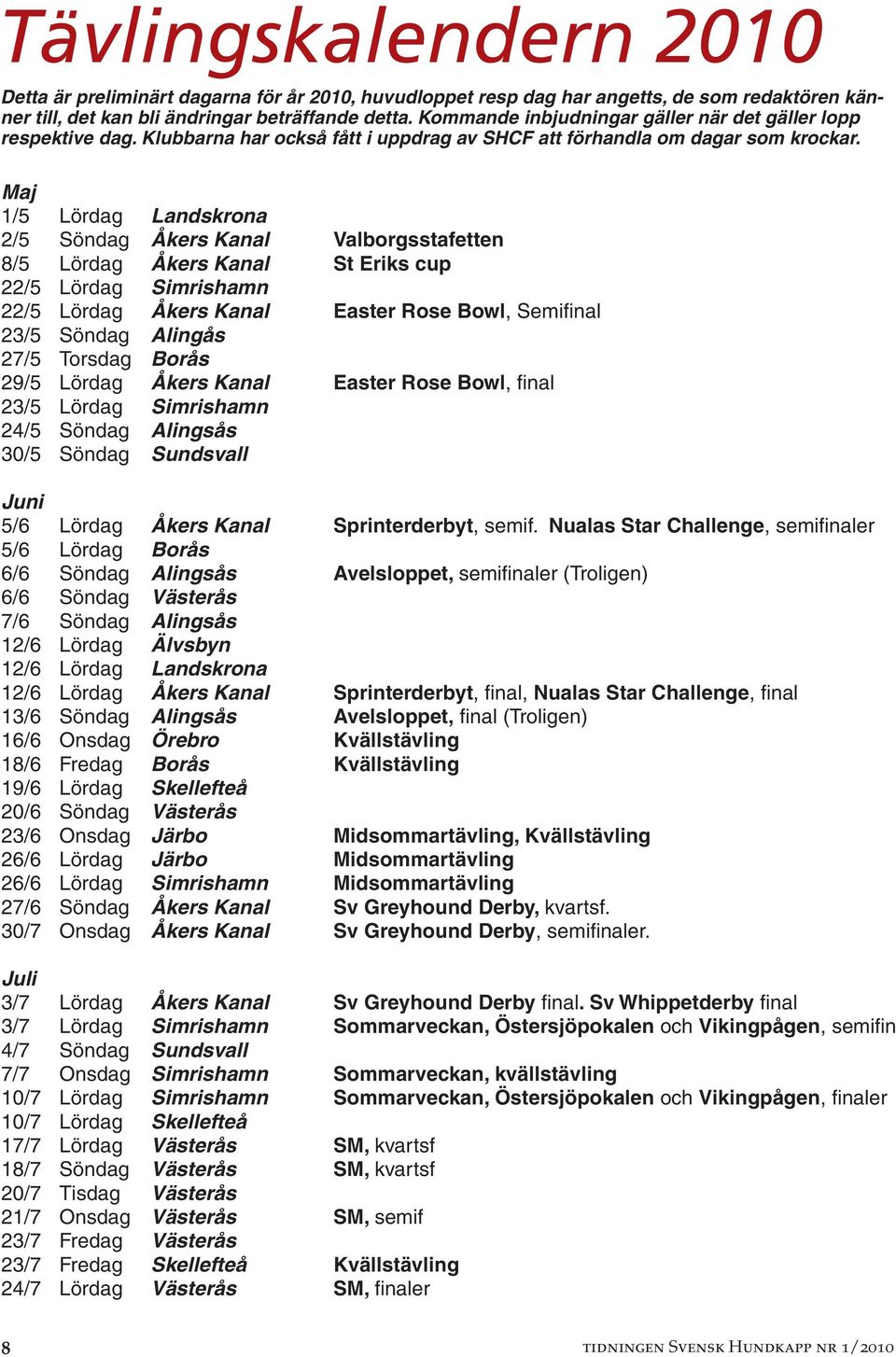 Maj 1/5 Lördag Landskrona 2/5 Söndag Åkers Kanal Valborgsstafetten 8/5 Lördag Åkers Kanal St Eriks cup 22/5 Lördag Simrishamn 22/5 Lördag Åkers Kanal Easter Rose Bowl, Semifinal 23/5 Söndag Alingås